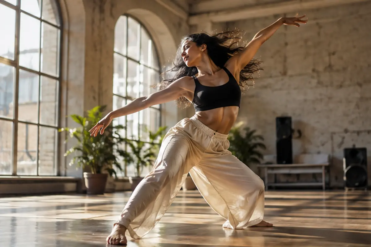 Bailarina em movimento num estúdio de dança