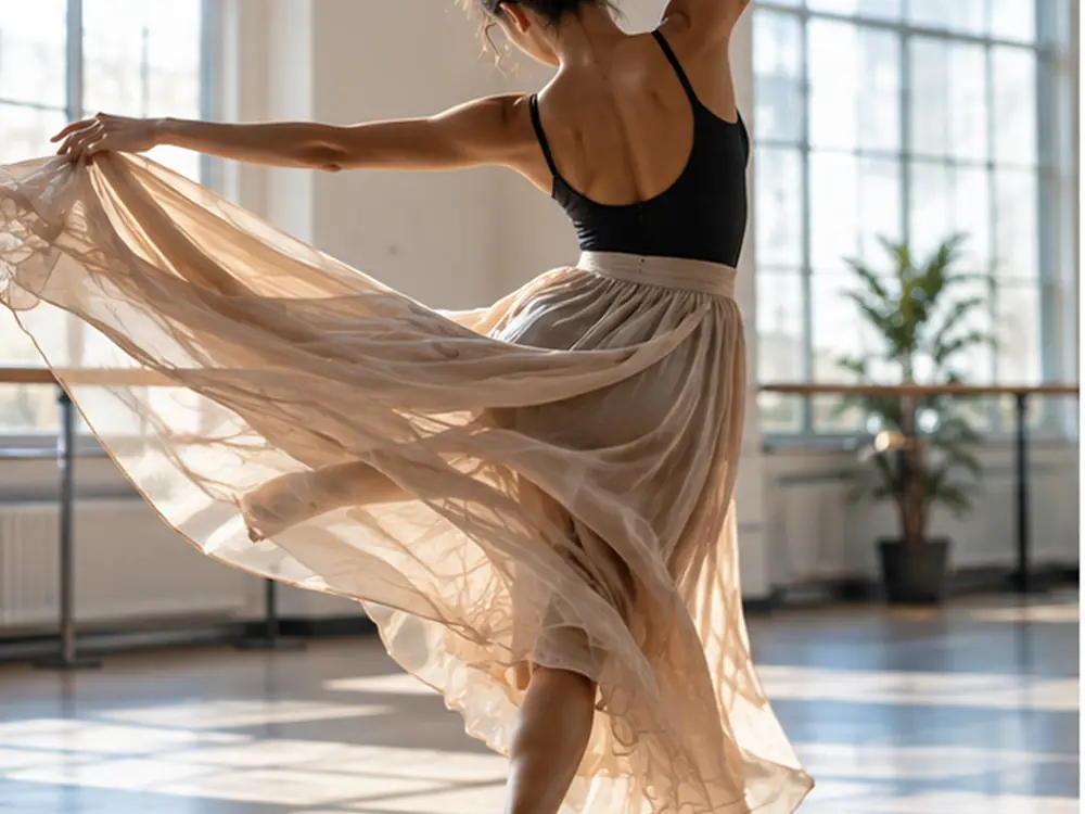 Bailarina em movimento num estúdio luminoso